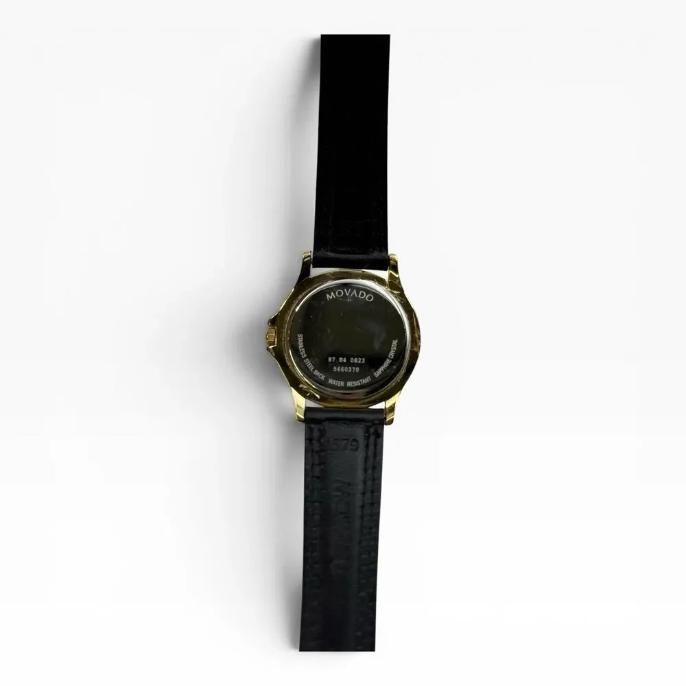 Movado Museum Women Quartz Watch 87 E4 0823 Gold Plated Black Leather Swiss Made